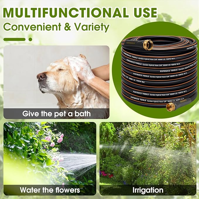 Heavy Duty Garden Hose – 5/8 Inch Flexible, Lightweight Hybrid Hose with 600 PSI Burst Pressure, Swivel Handle, and Durable Copper Male/Female Fittings (Black, 100FT)