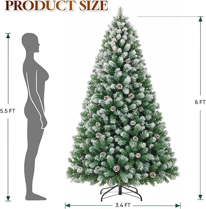 HOLLO STAR 6 ft Prelit Christmas Tree with 250 LED Lights, App Control, Artificial Christmas Tree, Multi-Color RGBW Lights, 914 Flocked Frosted Tips, 58 Pine Cones, Metal Base, for Home, Party