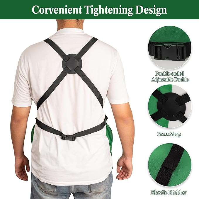 Gardening Apron for Women & Men, Garden Aprons with Pockets and Interal Drawstring Bag, Waterproof Adjustable Cross Back Harvest Apron for Fruit Picking Storage Weeding Garden Gift