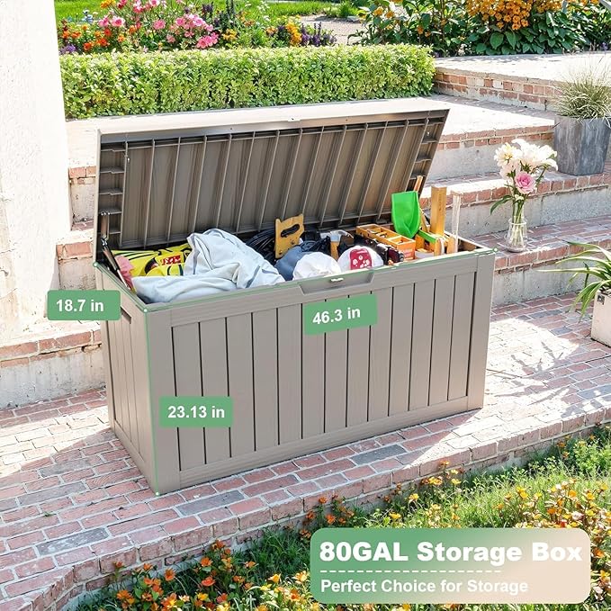 EasyUp 81 Gallon Outdoor Storage Box Waterproof, UV Resistant Resin Deck Box with Hydraulic Rod, Lockable Design and Enhanced Durability for Patio, Garden, and Poolside Use