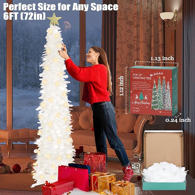 HMASYO 6 FT Pop Up Christmas Tree with 100 LED Lights & Remote, White Christmas Tinsel Tree, Collapsible Artificial Pencil Tree for Home Office Party Decor, USB Powered Timer Lights, Easy Assembly