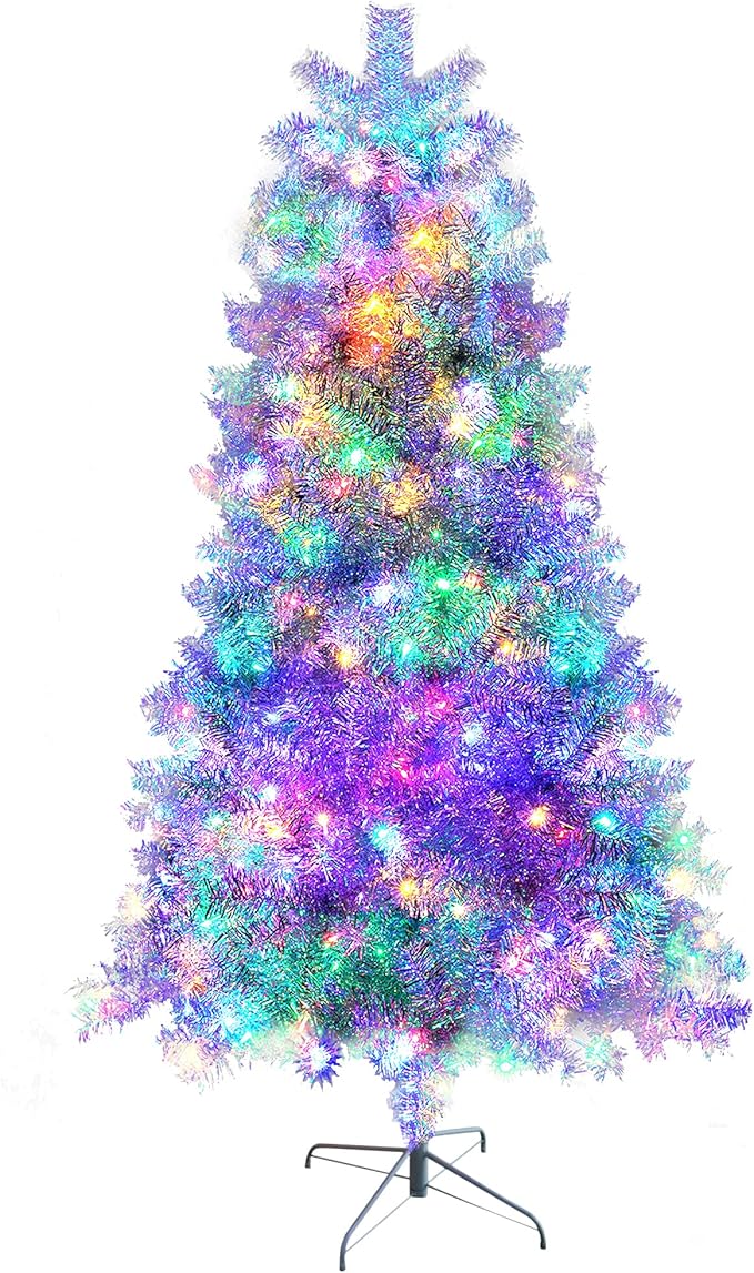 7.4FT Silver Pre-Lit Artificial Christmas Tree with Lights, Hinged Full Xmas Tree with 1200 Branch Tips & 400 Multi-Color LED Lights, 11 Lighting Modes, Metal Stand, Indoor Outdoor Decorations