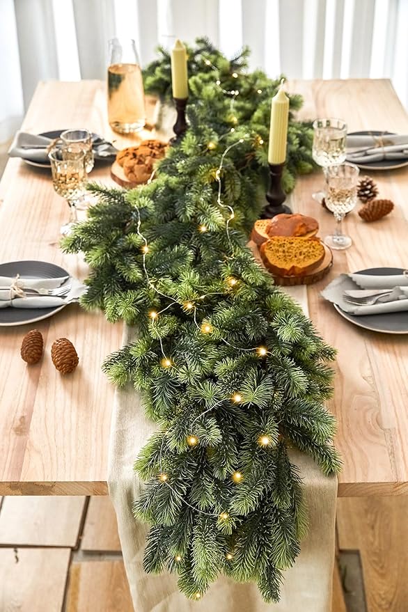 PARTY JOY 6FT Christmas Garland with LED String Lights, Artificial Pine Cypress Garland, Christmas Decorations Table Mantle Background Wall Room Winter Garland Outdoor Indoor Christmas Decor