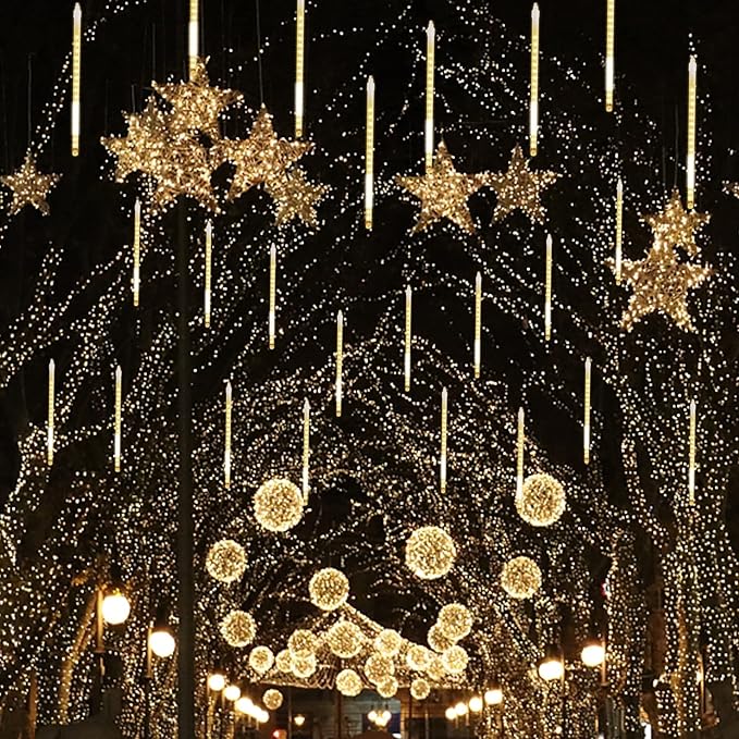 LJLNION Meteor Shower Lights, 12 Inch Outdoor Icicles Christmas Lights, 8 Tubes 288 LED Iciclelight Snow Falling Light, Connectable Raindrop Light, Xmas Wedding Party Tree Holiday Decor, Warm White