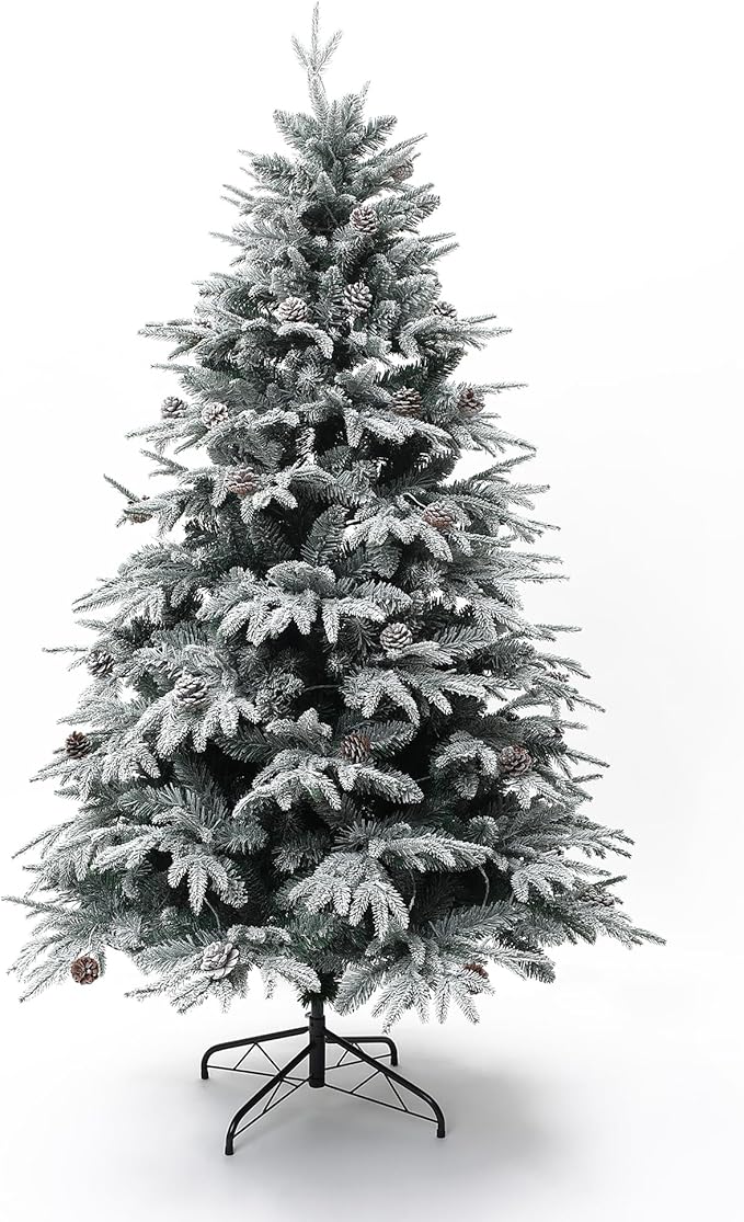 LuxenHome 7FT Christmas Tree with Lights, Full Flocked Prelit Artificial Christmas Tree with Pine Cone, 400 LED Lights,1856 PE+PVC Branch Tips, Prelit Pine Tree for Indoor, Outdoor Holiday Décor