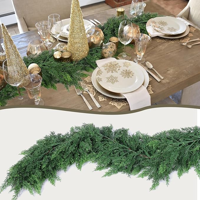 Hananona 2 Pcs 9 FT Artificial Cedar Garlands, Real Touch Winter Cedar Garland, Green Artificial Greenery Pine Garland for Table, Mantle, Wall, Indoor, Outdoor Christmas Decorations (2, 9 FT)