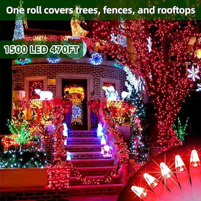 1500 LED Chrstmas Lights, 470ft Outdoor Christmas String Lights with 12 Modes, Red LED String Lights with Timer Dimmable Waterproof for Tree Fence Garden Xmas Wedding Party Decor Red