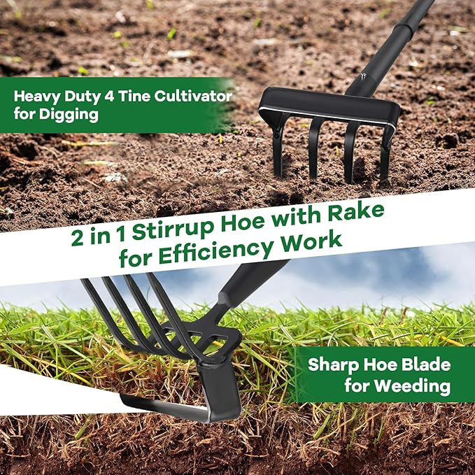 Hoe, Gardening Tool, Weed Tool, Long Soil Tiller Cultivator, Heavy Duty Metal Weeder for Flower Beds, Patio, Garden Loosening Soil Weeding Digging