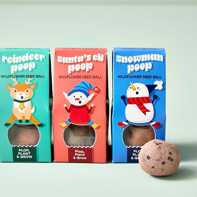 Modern Sprout Wildflower Seed Ball Poop - Christmas Gift - Non-GMO, Hand-Rolled Clay Seed Bombs with Wildflower Seeds - Plop Plant & Grow Gardening Gift Set for Kids & Adults (Jingle Plop - Pack of 3)