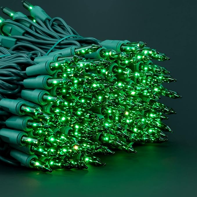 YULETIME 200 Green Christmas Lights, Pack of 2 Strands of 21 ft 100 Count UL Certified Incandescent Mini String Light (Green - Green Wire)