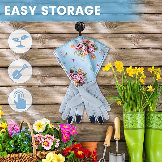 Women's Long Arm Gardening Gloves, Flexible Hand Protection, Ergonomic Design for Digging, Trimming & Garden Maintenance, Blue Large