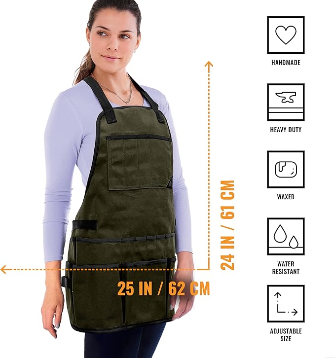 Under NY Sky Tool Apron - 20 Pockets and Slots, Cross-Back, Heavy-Duty Waxed Canvas - Woodwork, Garden, Shop (Green Cross-Back)