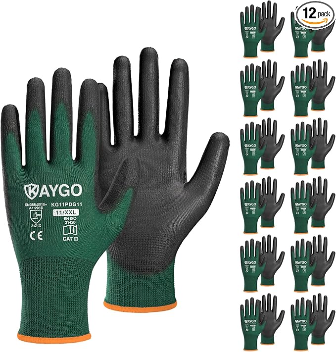 KAYGO Safety Work Gloves PU Coated,12 Pairs KG11PB Seamless Knit Glove for Men and Women, with Smooth Grip on Palm and Fingers, Ideal for General Duty Work (2X-Large,Dark Green)