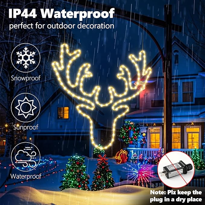 Christmas 32'' Large Reindeer Lights Decoration - 134LED Waterproof Christmas Outdoor Lighted Large Elk Sign for Wall Decor with Timer for Outdoor Home Party Wall Hanging Light