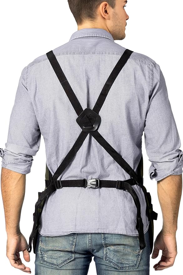 Under NY Sky Tool Apron - 20 Pockets and Slots, Cross-Back, Heavy-Duty Waxed Canvas - Woodwork, Garden, Shop (Green Cross-Back)