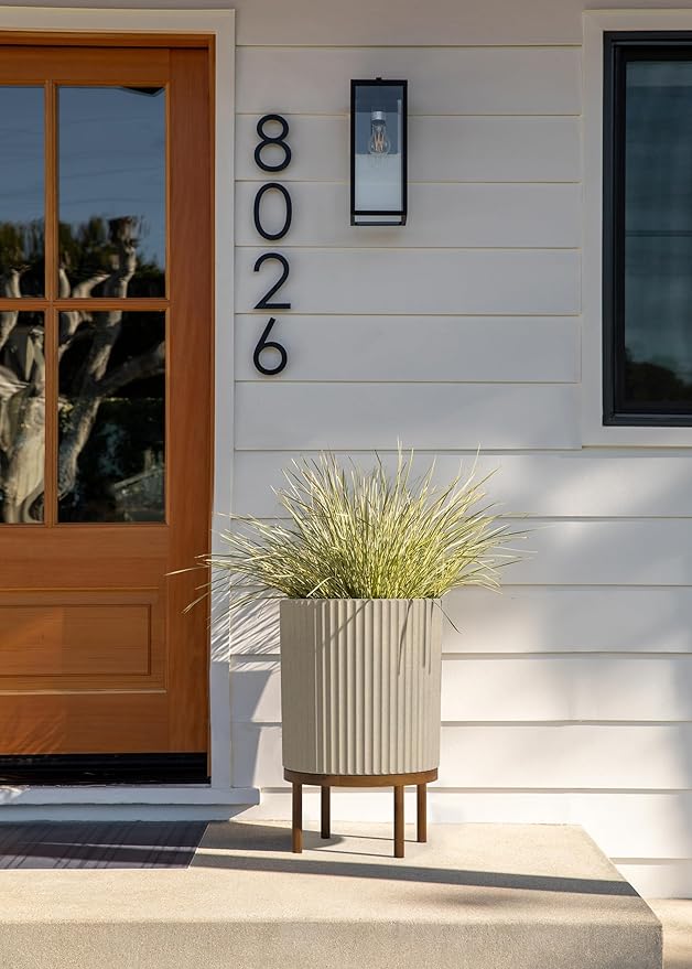 Veradek Demi Series Round Planter w/ Stand for Porch/Patio | Durable Plastic-Concrete & Wooden Stand | Modern Décor for Tall Plants, Flowers