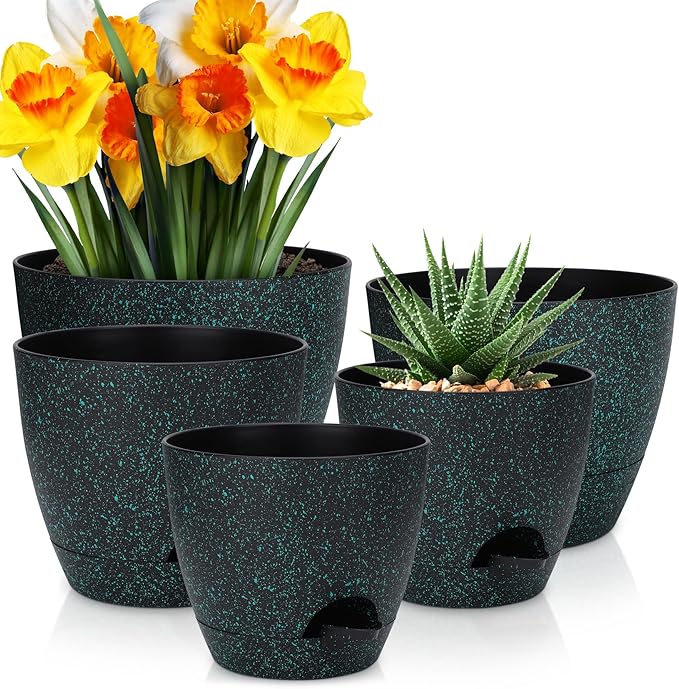 Plant Pots 10/9/8/7.5/7 inch, Self Watering Planters with Drainage Holes & Saucers for Indoor and Outdoor Plants (Green Speckles)