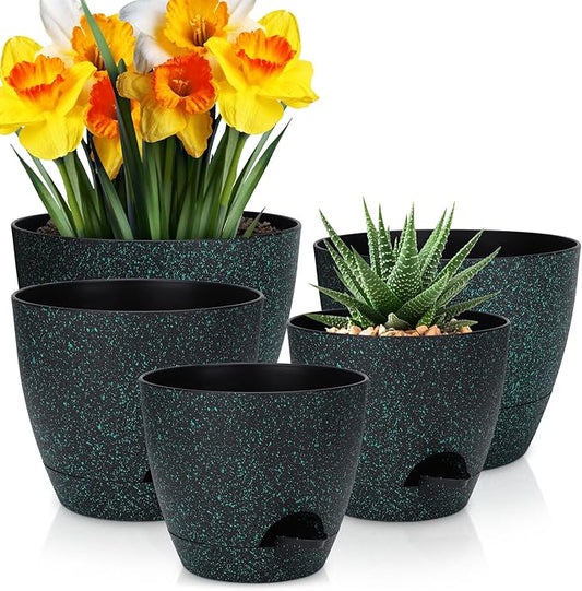 Plant Pots 10/9/8/7.5/7 inch, Self Watering Planters with Drainage Holes & Saucers for Indoor and Outdoor Plants (Green Speckles)
