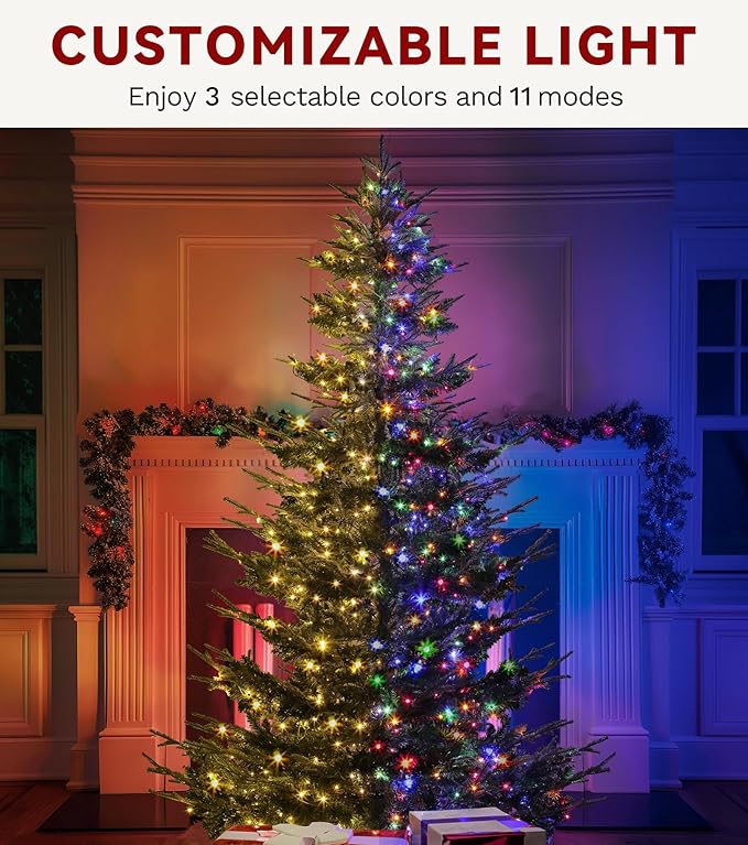 DWVO 7.5ft Aspen Fir Artificial Christmas Tree, Layered Christmas Tree with Crystal Embellishments, 1319 Mixed PE & PVC Branch Tips, 700 Lights, in a Vibrant Green