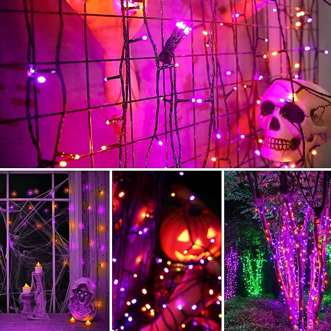kemooie 300 LED Orange&Purple Halloween Lights, 99FT Connectable 8 Lighting Modes with Memory Function Plug in, Waterproof for Outdoor Indoor Halloween Garden Roof Decorations (Purple and Orange)