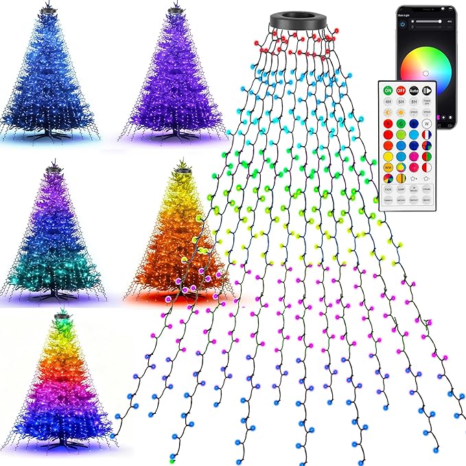 Dazzle Bright Smart Christmas Tree Lights, 448 LED Color Changing Waterfall Tree Topper Lights with Remote & APP, 8.2FT X 16 Lines RGB Christmas Light for Indoor Outdoor Party Xmas Decoration