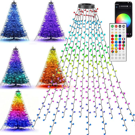 Dazzle Bright Smart Christmas Tree Lights, 448 LED Color Changing Waterfall Tree Topper Lights with Remote & APP, 8.2FT X 16 Lines RGB Christmas Light for Indoor Outdoor Party Xmas Decoration