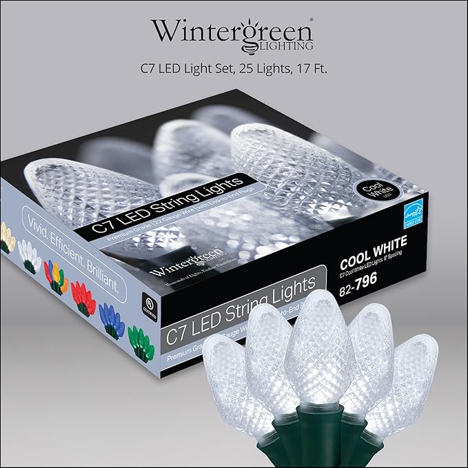 Wintergreen Lighting C7 Cool White LED Christmas Lights, 17 ft String Light Set with 25 Bulbs – Indoor/Outdoor Holiday Decor