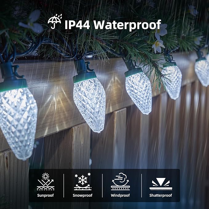 Brightown 2 Pack White C9 LED Christmas Lights Outdoor, 33ft 50 LED Waterproof Strawberry String Lights, Plug-in Extendable Green Wire Lights String for Outdoor Indoor Patio Party Decoration