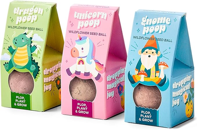 Modern Sprout Wildflower Seed Ball Poop - Non-GMO, Hand-Rolled Clay Seed Bombs with Wildflower Seeds - Plop Plant & Grow Gardening Gift Set for Kids & Adults - (Magical Plop - Pack of 3)