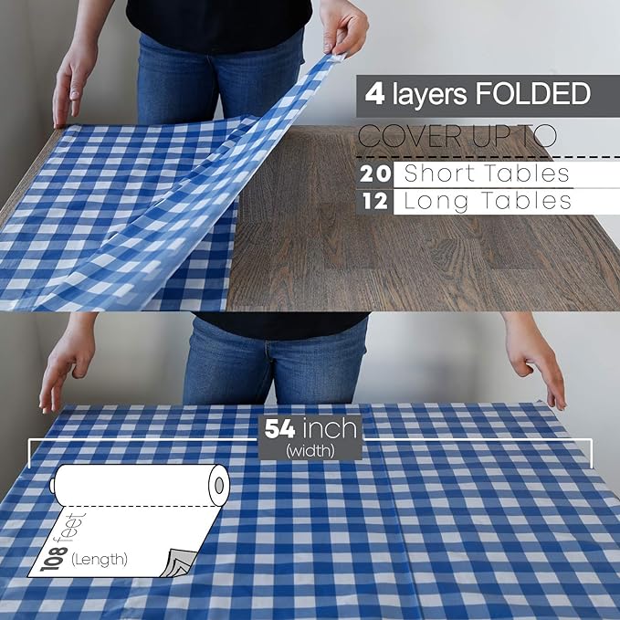 Neatiffy Disposable Plastic Table Cloth Roll | 54 in x 108 Ft Waterproof Tablecloth | Table Cover for Rectangle, Square, Round Oval Tables | Picnic, Party, Banquet, Birthdays, Weddings - Blue Gingham