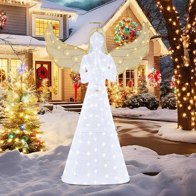 Tangkula 5 FT Lighted Christmas Angel, Light-up Winged Xmas Angel with 150 LED Lights, Zip Ties & Ground Stakes, Pre-Lit 3D Glittered Angel Decoration for Yard, Garden, Lawn & Indoor Display