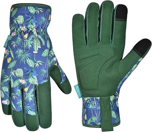 Gardening Gloves for Women and Men, Garden Gloves with Touch Screen, Thorn Proof Puncture Resistant Working Gloves, Gardening Gifts for Women,Blue-green flowers M