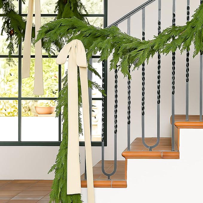 Janinka 6 Pcs Beige Velvet Christmas Swag Bow 31.5 x 23.6 inch Large Neutral Cream Christmas Ornament Vintage Rustic Velvet Staircase Wreath Bows Xmas Tree Topper Bows Large Bow for Outdoor