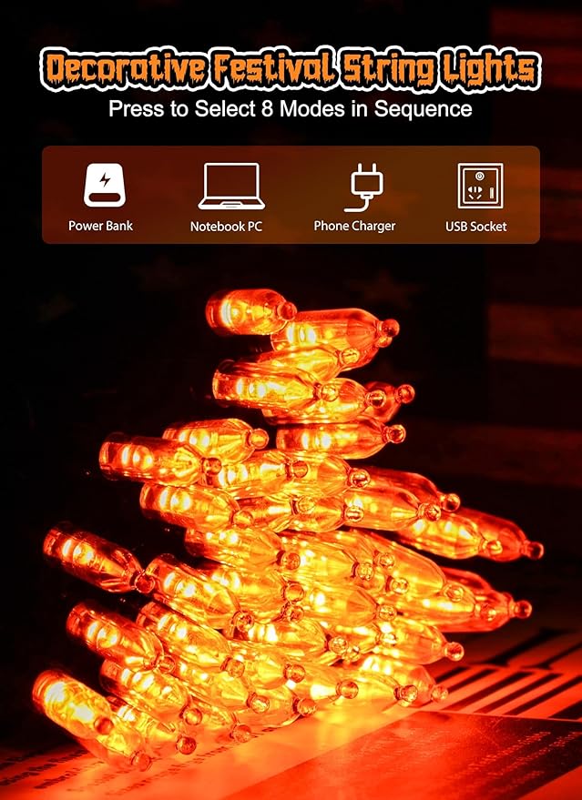 Halloween Decorations Orange Lights Indoor, 100 LED 39 FT Twinkle String Lights USB Powered with 8 Modes, Orange Light with Remote for House Window Holiday Party Xmas Halloween Decor