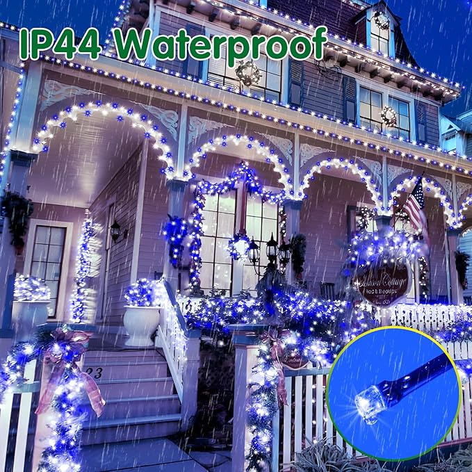 XURISEN 403FT 1000 LED Christmas Lights Outdoor Green Wire String Lights 8 Modes with Timer Memory Waterproof Fairy Light Plug in for Xmas Tree Wedding Yard Party Holiday Decorations(Blue+White)