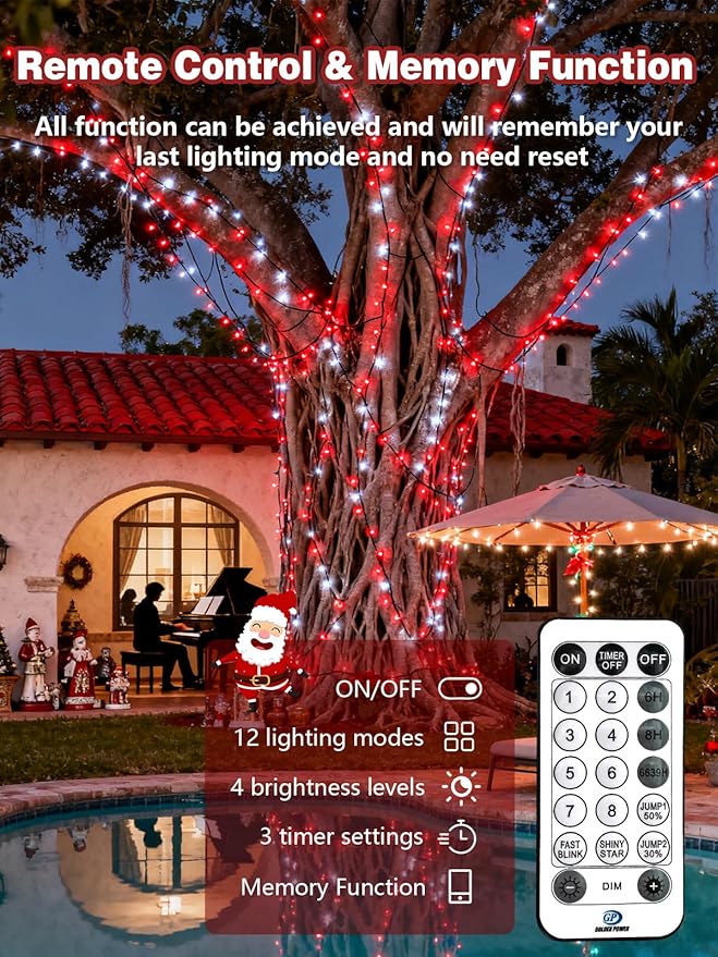 Voice Controlled Christmas Lights with Remote, 99 FT 300 LED String Lights Indoor Outdoor with 12 Modes 3 Timers, Dimmable Twinkle Light Plug in Waterproof for Xmas Tree Party Decor, Red and White