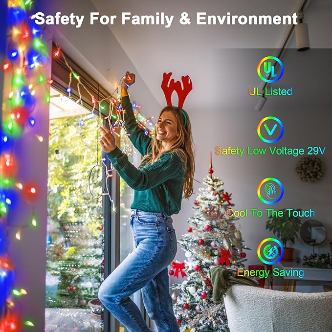 66ft LED Christmas Lights Outdoor with 140 Drops, Christmas Decorations Hanging Lights 490 LED 8 Lighting Modes, Outsite Fairy String Lights for House Xmas Wedding Party Holiday Decoration Multicolor