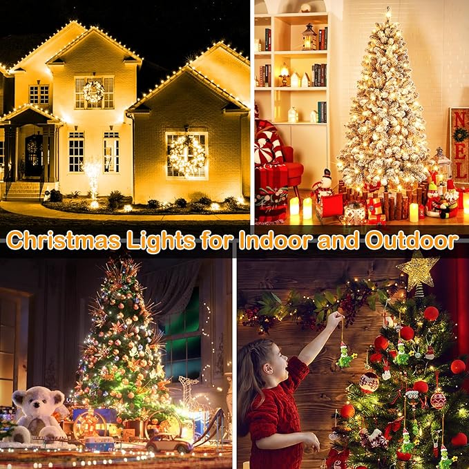 Decute 300LED Christmas String Lights Outdoor Waterproof 105FT UL Certified with End-to-End Plug 8 Modes, Warm White Indoor Starry Fairy Lights for Christmas Tree Patio Garden Wedding Party Decor