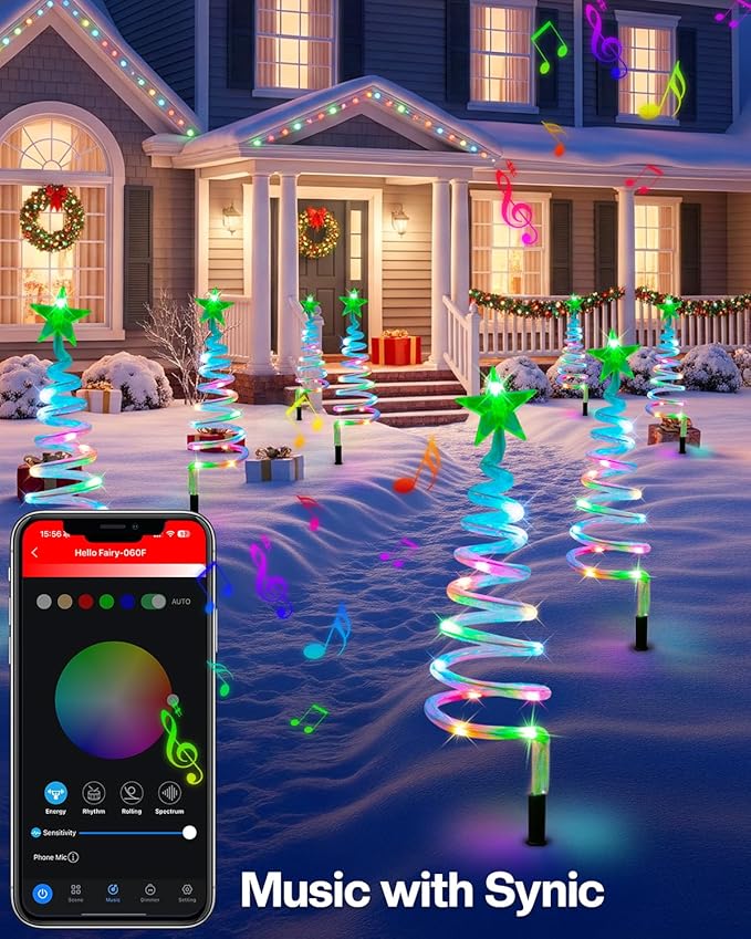 8 Pack Smart Christmas Pathway Lights Outdoor APP Control, Multicolor Connectable Spiral Tree Lights with RGB DIY, Music, Timer, Waterproof LED Christmas Outdoor Decorations for Pathway, Yard,Walkway