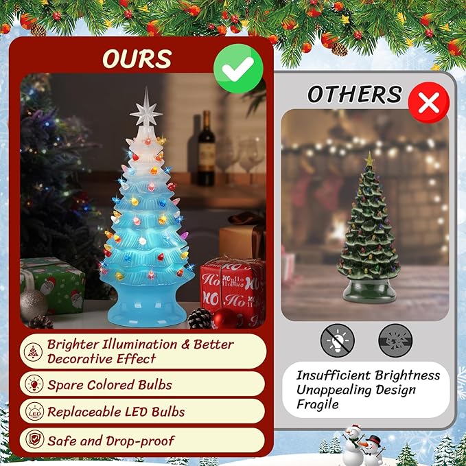 Lakumu 16.5" Table Top Christmas Tree, Hand Painted Resin Christmas Tree with Lights, Pre-lit Xmas Tree Decor Lighted Tabletop Decoration with Multicolored LED Bulbs, Ceramic-Like Finish, Blue