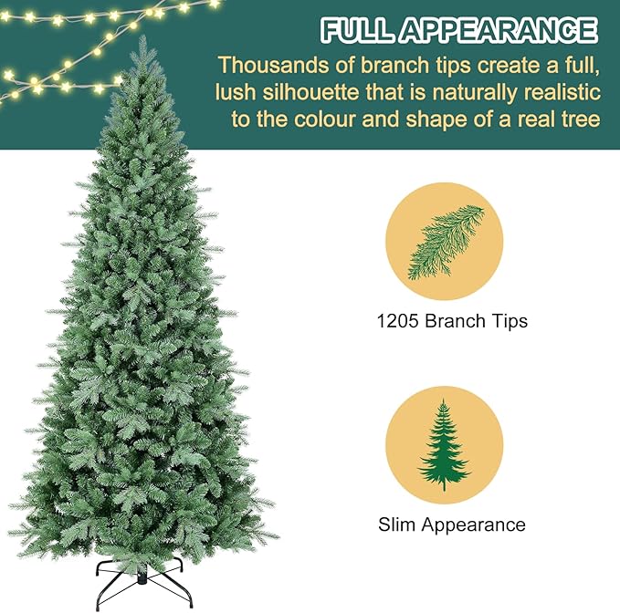6 FT Artificial Skinny Christmas Tree,Unlit Blue Spruce Slim Pencil Xmas Tree with 1205 PE&PVC Mixed Branch Tips,Hinged Pine Tree with Metal Stand for Home Office Décor