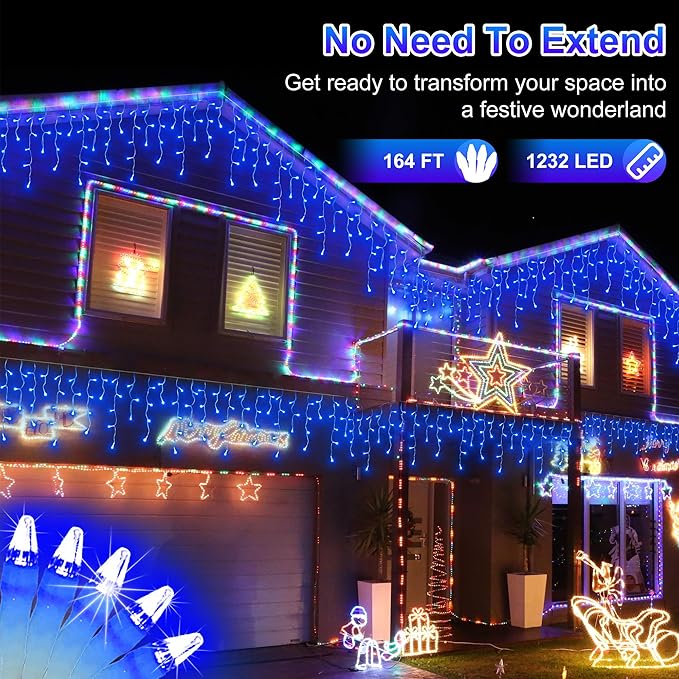 1296LED Christmas Lights with 288 Drops, 131ft 8 Modes Christmas String Lights Outdoor, Waterproof Christmas Decorations Fairy Lights with Timer Memory for Xmas Party Patio Window Fence Tree Blue