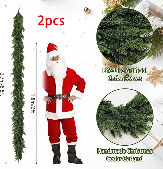 2PCS Christmas Cedar Garland 9Ft Artificial Realistic Soft and Thickness Green Faux Cedar Pine Garlands, Holiday Xmas Decoration Stairs Wall Mantle Door Indoor Outdoor(2pcs, 9ft)