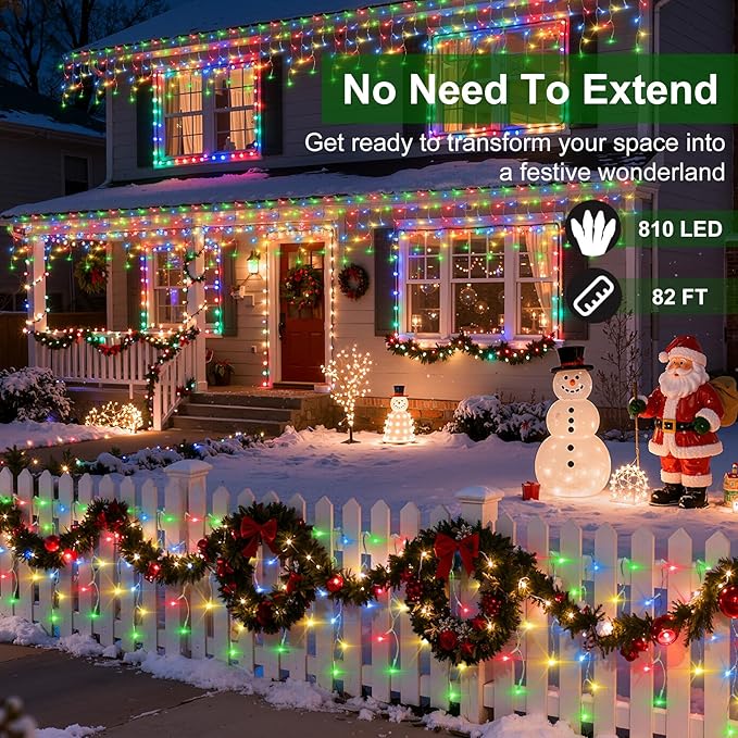 810 LED Christmas Lights with 180 Drops, 82ft 12 Modes Multicolor Fairy String Lights with Timer Dimmable, Waterproof Twinkle Lights for Halloween Outdoor Holiday Wedding Party Eaves Christmas Decor