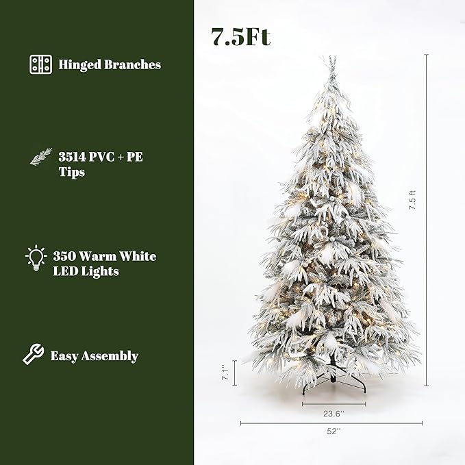 LuxenHome 7.5FT Flocked Artificial Christmas Tree, Downswept Branches Spruce Prelit Christmas Trees with 350 Warm White LED Lights and Feather Accents, 3514 PE+PVC Tips, Xmas Tree Holiday Decor