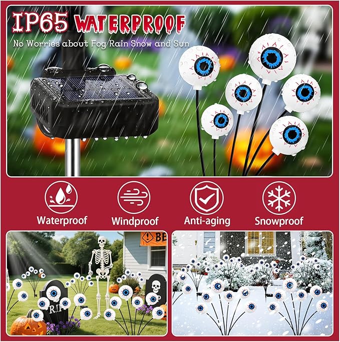 Halloween Decorations Outdoor, 6 Pack 36 LED Solar Scary Eyeball Swaying Lights, Red Solar Firefly Light Waterproof Outdoor Garden Lights for Halloween Yard Garden Party