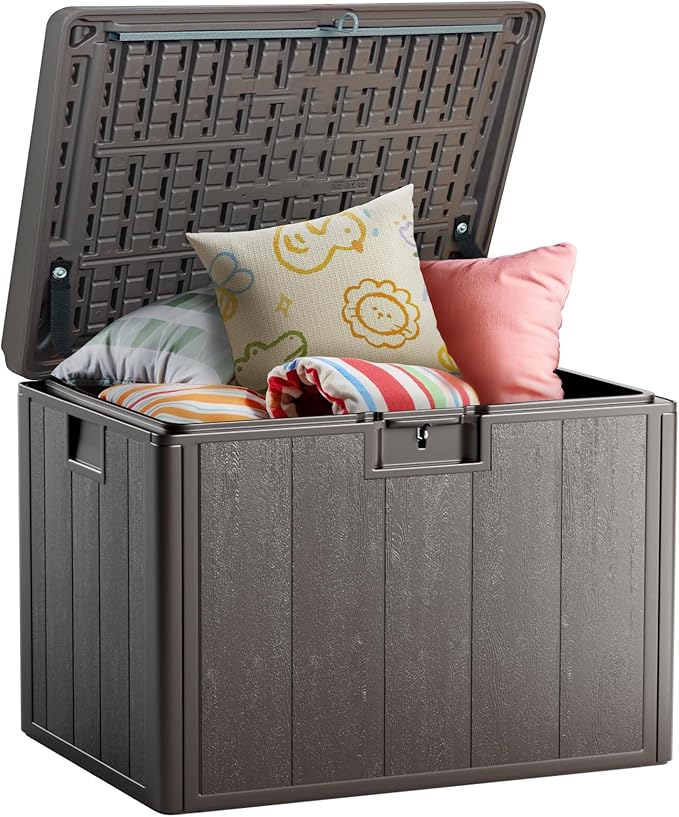 40 Gallon Deck Box, Double Layer Waterproof Resin Outdoor Indoor Storage Box, Lockable & UV Resistant Storage Bin for Patio Furniture, Garden Tools, Pool Accessories (Brown)
