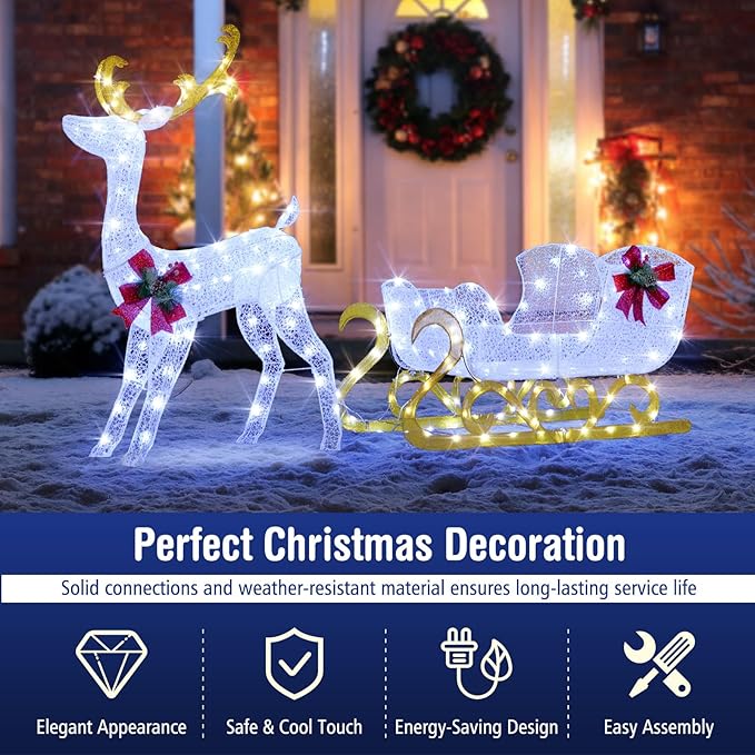 Tangkula 6 FT Christmas Lighted Reindeer & Santa’s Sleigh, Xmas Lighted Outdoor Yard Decoration with 215 LED Lights & 4 Ground Stakes, Artificial Christmas Décor for Indoor & Outdoor (Cold White)
