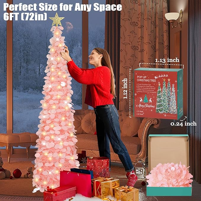 HMASYO 6 FT Pop Up Christmas Tree with 100 LED Lights & Remote, Pink Christmas Tinsel Tree, Collapsible Artificial Pencil Tree for Home Office Party Decor, USB Powered Timer Lights, Easy Assembly