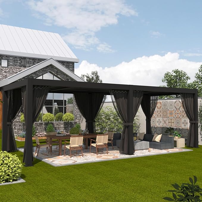 LVUYOYO Outdoor Louvered Pergola 10' x 20', Aluminum Pergola with Adjustable Roof, Waterproof Metal Gazebo with Curtains and Netting for Patio, Backyard, Garden, Deck (Black)
